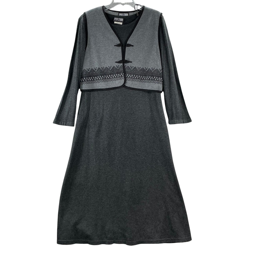 Byer Studio Maxi Dress Womens 14 Grey Embroidered Vest Frog Closure Long Sleeve